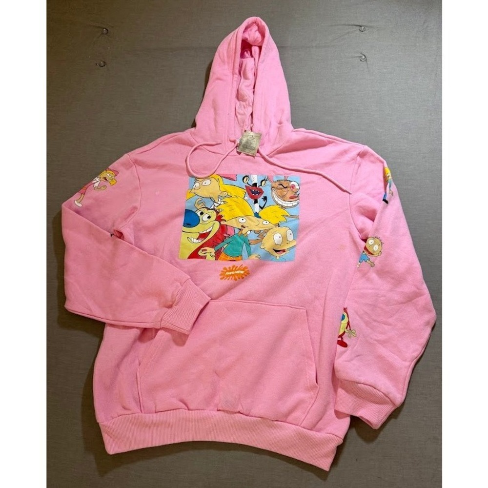 Nickelodeon Rugrats Hey Arnold Pink Hoodie Sweatshirt Adult Size Large Pink